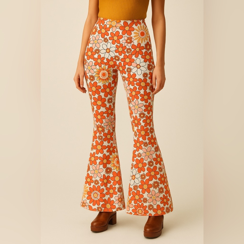 2/for $20 🪩 70s Bell Bottoms, Orange Floral Pants, Hippie, Retro, cosplay - Picture 10 of 13